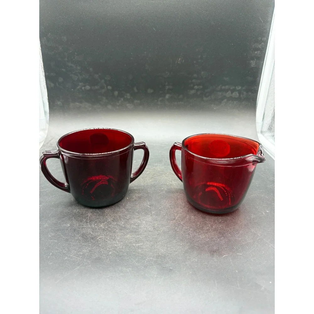 Anchor Hocking Royal Ruby Anchorglass Creamer and Sugar Bowl Set Vintage Red